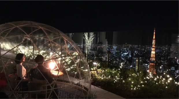 夜景を望む高台に設置されたドームと、その中から街の明かりを眺める人