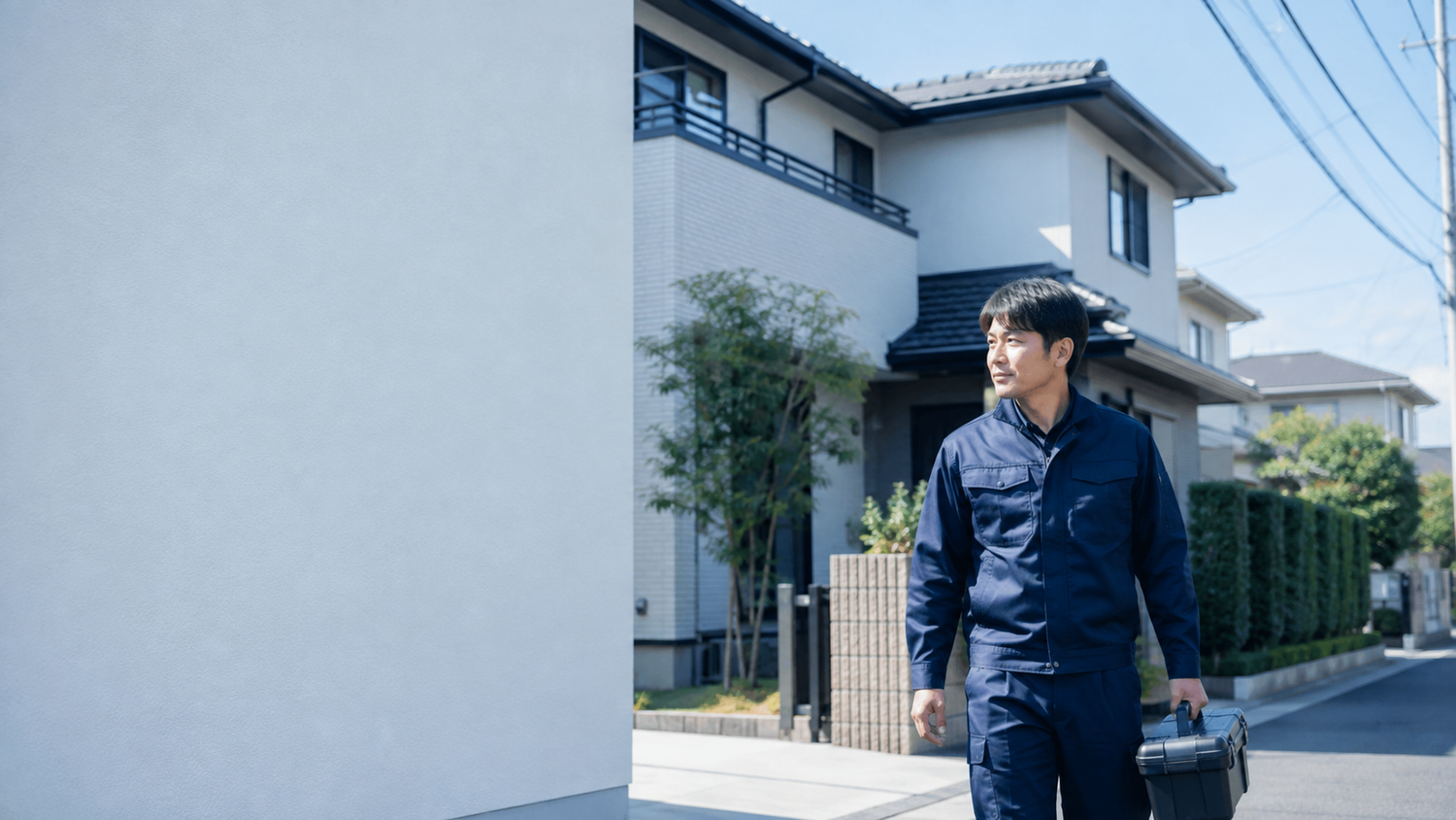 工具箱を持ち、住宅の前に立つ作業着姿の職人
