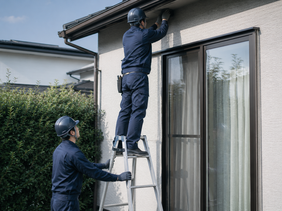 住宅の外壁付近で、脚立を支えながら高所作業をする2人の職人