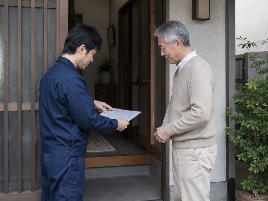 住宅の玄関先で住人に作業内容を説明する職人